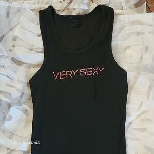 RARE! VICTORIA'S SECRET COTTON LOGO RIBBED TANK Embellished VERY SEXY OSFM BLACK
